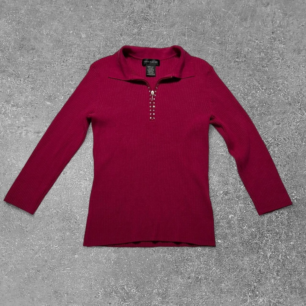 Cable & Gauge Pink Ribbed Knit Quarter Zip Rhinestone Top L SC40513